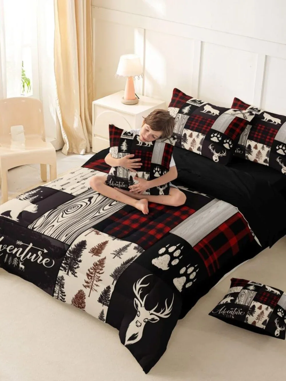 Retro Cabin Lodge Bed In A Bag Queen Wolf Plaid Patchwork Comforter Set With She